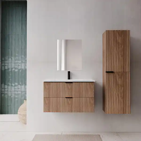 Pack Meuble salle de bain 60cm et Colonne de rangement - Façades Ondulées Décor Bois - MILO AURLANE Promotion Saisonnière