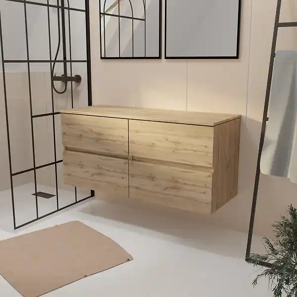 Bon Marché Meuble de Salle de Bains 120 cm à Tiroirs avec Plan Finition Chêne Naturel - TIMBER AURLANE