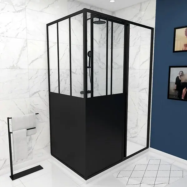 Porte de douche coulissante 120x200cm + retour 80cm type atelier - NOIR MAT - verre 5mm AURLANE Livraison Express