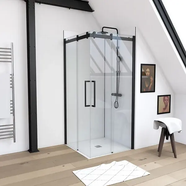 Prix Promo Porte de douche coulissante type industriel ouverture d‘angle profiles noir mat - verre trempe 8mm AURLANE