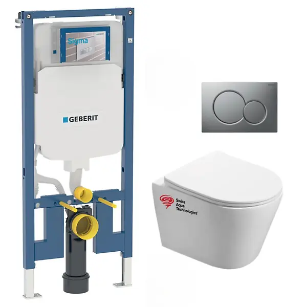Pack WC Bati-support Geberit extra-plat + Cuvette Swiss Aqua Technologies sans bride fixations invisibles + Plaque Meilleur Prix