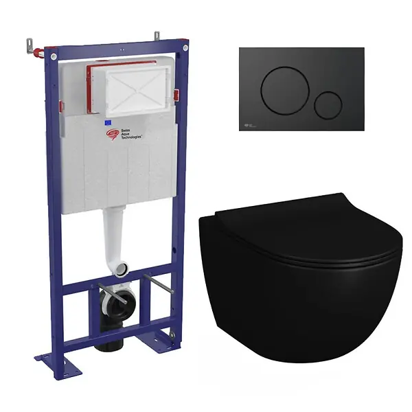 Offre Du Jour Swiss Aqua Technologies Pack WC bâti-autoportant + WC Infinitio noir mat sans bride et fixations invisibles + Abattant softclose + Plaque noir mat