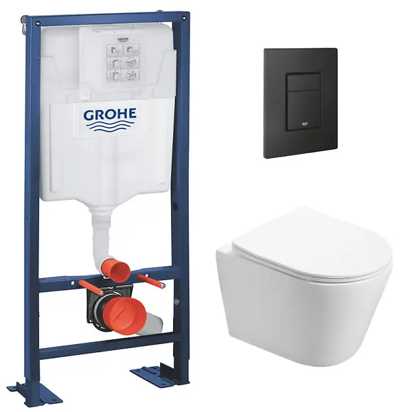 Pack WC Bâti autoportant + WC Swiss Aqua Technologies Infinitio sans bride + Plaque noir mat (Autoportant-Infinitio-KF0) GROHE Top Vente
