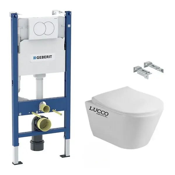 Nouvelle Collection Pack WC Bati-support Geberit + WC sans bride Avva + Abattant SoftClose + Plaque blanche + Set d‘isolation phonique (AvvaGeb3SET)