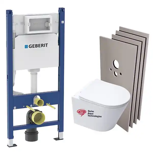 Pack WC Bâti-support + WC Swiss Aqua Technologies Infinitio sans bride + Plaque blanche + Set habillage (InfinitioGeb3-sabo) GEBERIT Populaire