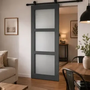 Porte Coulissante Blakeria Vitrée Gris Anthr H204 x L93 cm, Rail roulettes GD MENUISERIES Haute Qualité