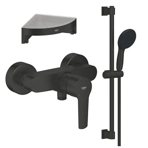 Acheter Direct Mitigeur douche mécanique start Black + Ensemble de douche 2 jets avec barre Noir + Tablette d‘angle GROHE