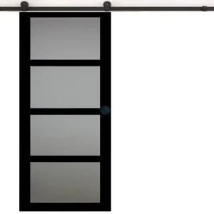 Réduction Porte Coulissante Telia Noir Vitrée H204 x L83 cm, Rail roulettes, Coquilles Noir GD MENUISERIES