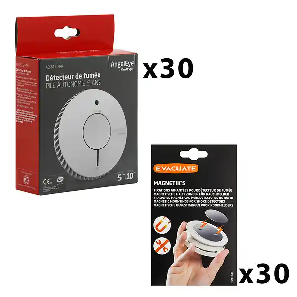 Livraison Express AngelEye Lot de 30 détecteurs de fumée NF autonomie 5ans + 30 supports aimantés