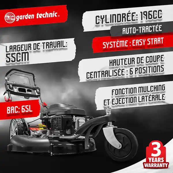 Pas Cher Tondeuse thermique tractée 3 roues 196cc - 55cm ELEM GARDEN TECHNIC