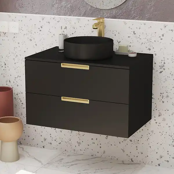 Seulement Aujourd'hui Meuble Salle de Bains 80 cm Laqué Noir Mat et Or Doré - 2 Tiroirs - Vasque Ronde à Poser Noire AURLANE