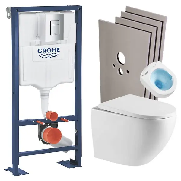 SOLIDO Pack Bâti-support + WC suspendu + Plaque chrome + Set de montage (AUTOPORTANT-FUSIONTQ-1-SABO) GROHE Usine Directe