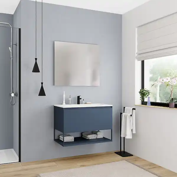 Nouveauté Ceramia meuble de salle de bain 80 cm, certifié FSC, bleu foncé (CERAMIA-1DB80)
