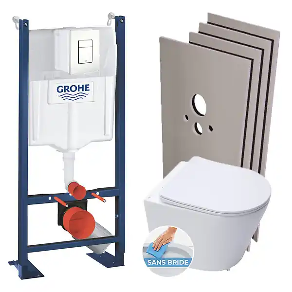 Pack WC Bâti-support autoportant + WC suspendu sans bride SAT + Abattant frein de chute + Plaque Blanc + Set d‘habillage GROHE Prix Choc