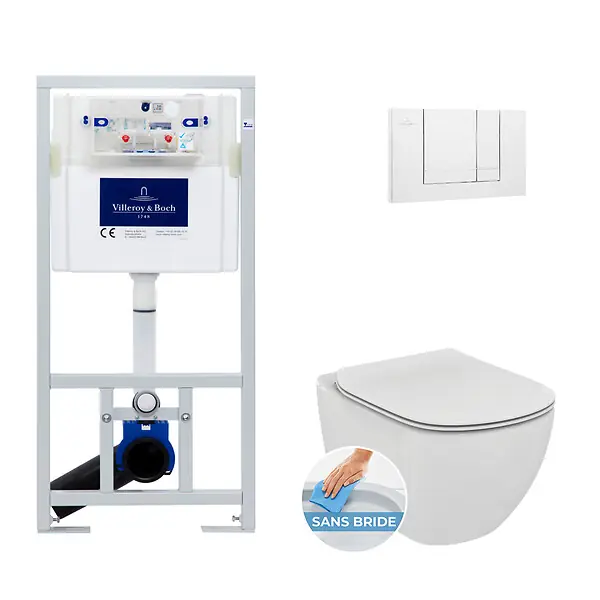 Pack WC Bâti-support + Cuvette Ideal Standard TESI AquaBlade sans bride fixations invisibles + Plaque blanche (ViConnectTesi-2) VILLEROY ET BOCH Acheter Direct