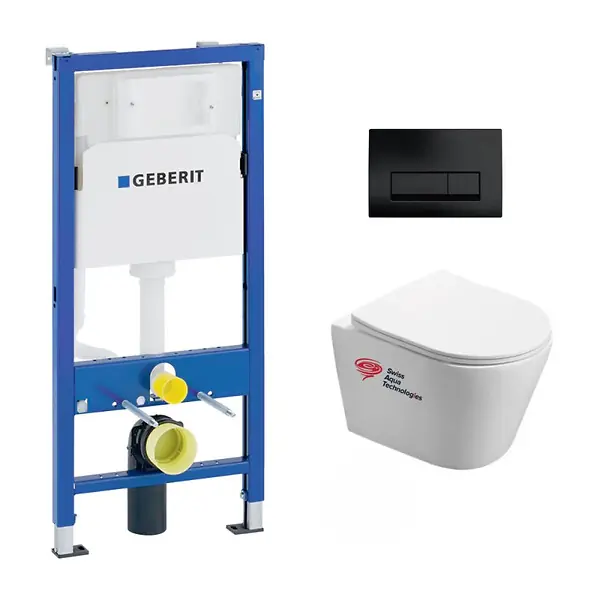 Pack WC Bati-support Geberit + WC Swiss Aqua Technologies Infinitio sans bride + plaque Delta 50 noir mat Petit Prix