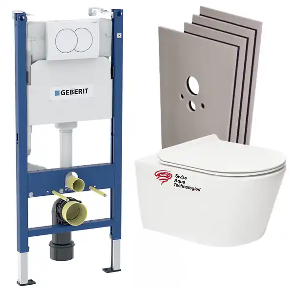 Retour Gratuit Pack Bati-support Geberit + WC sans bride Swiss Aqua Technologies + plaque (BREVISGEB3-SABO)