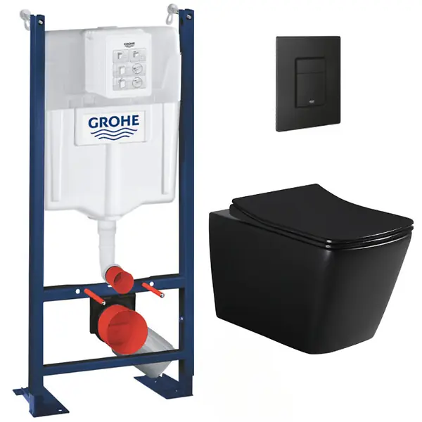 Commander Maintenant Grohe Pack WC Bâti-support Rapid SL + WC sans bride Infinitio Design, Noir mat + Abattant softclose + Plaque Noire mat