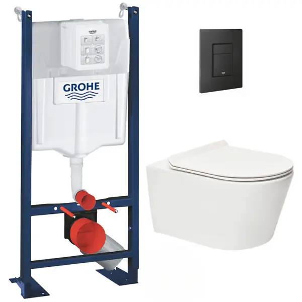 Retour Gratuit Grohe Pack WC Rapid SL autoportant + WC sans bride SAT Brevis + Abattant ultra-fin softclose + Plaque noir mat