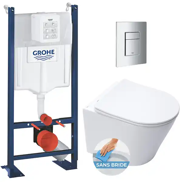 Pack WC Bâti autoportant + WC blanc mat sans bride Infinitio + Abattant frein de chute + Plaque chrome, ProjectInfinitioMat-1 GROHE Meilleur Prix
