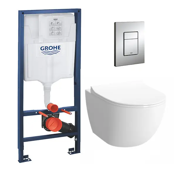 Grohe Pack WC Bâti + cuvette Sento RIM-EX (sans bride) compacte + plaque de commande chrome (GROHE-SentoRimlessCOMPACT) Populaire