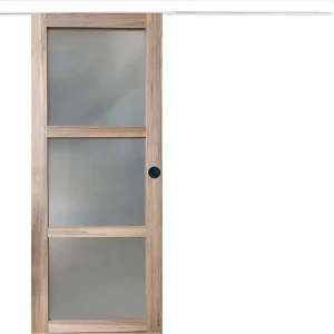 Porte Coulissante bois Frake Vitrée H204 x L73 cm, rail alu bandeau blanc, coquilles Noir GD MENUISERIES Certifié