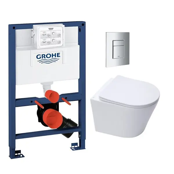 Grohe Pack WC Bâti-support Rapid SL + WC Swiss Aqua Technologies Infinitio sans bride + Plaque Chrome (RapidSL082-Infinitio-1) Retour Gratuit