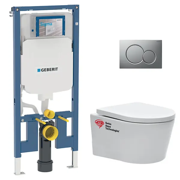 Jusqu'à Épuisement Des Stocks Pack WC Bati-support Geberit slim + WC Swiss Aqua Technologies sans bride + Abattant + Plaque (SLIM-SATrimless-E)