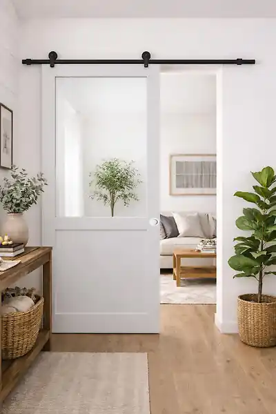 Offre Limitée Porte Coulissante Atelier blanc H204 x L93 cm sans meneau, Rail Roulettes, Coquilles blanc GD MENUISERIES