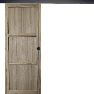 Livraison Express Porte Coulissante bois Frake 3 Panneaux H204 x L83 cm, rail bandeau noir, coquilles Noir GD MENUISERIES
