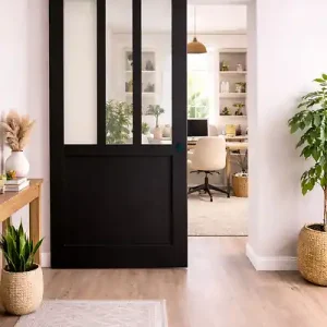Must-Have Porte Coulissante Atelier Noir H204 x L93 cm, Rail roulettes, Coquilles Noir GD MENUISERIES