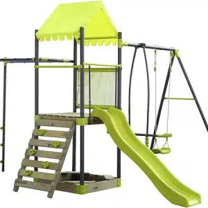 Prix Promo Aire de jeu portique en métal avec toboggan et bac a sable "Lucien" - Vert HABITAT ET JARDIN