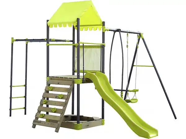 Prix Promo Aire de jeu portique en métal avec toboggan et bac a sable "Lucien" - Vert HABITAT ET JARDIN