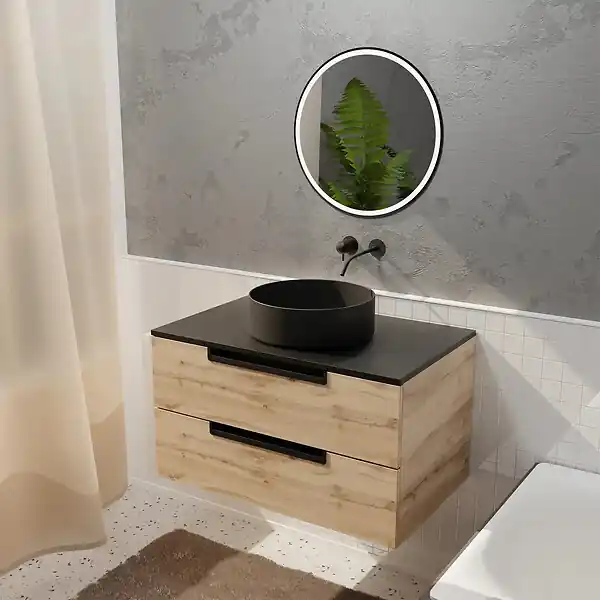 Expédié Aujourd'hui Meuble salle de bains 80cm Decor Bois et Noir, 2 Tiroirs, Vasque Noire 36cm et Miroir Led 50cm AURLANE