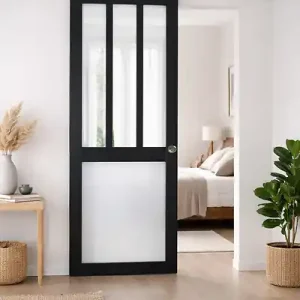Soldes Porte Coulissante Atelier noir, blanc Vitrée H204 x L83 cm, Rail Roulettes, Coquilles GD MENUISERIES