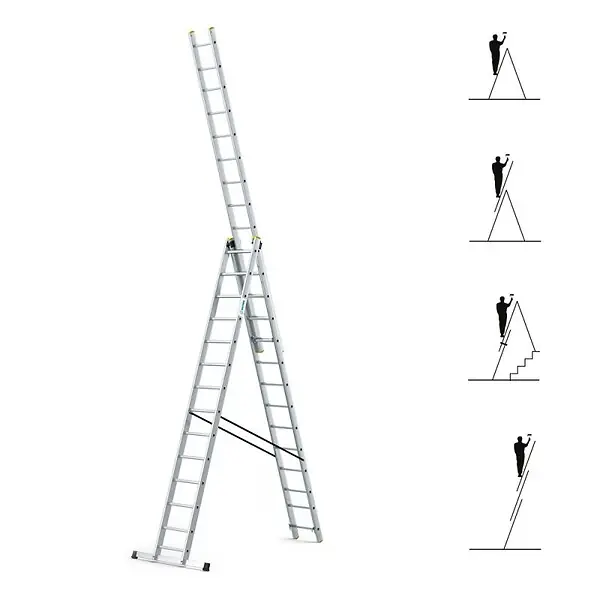 Echelle transformable 3 plans StablePro 3x14 marches aluminium extensible coulissante, 6 positions, hauteur travail max 9,62m, garantie 5 ans, Hostrom HOSTRÖM Prix Réduit