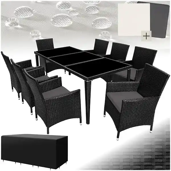 Salon de jardin Menorca 8 places avec 2 sets de housses + housse de protection noir TECTAKE Quantité Limitée