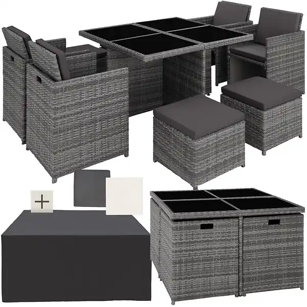 Salon de jardin 8 places en résine tressée gris avec 2 sets housses déperlantes protection TECTAKE Acheter Direct