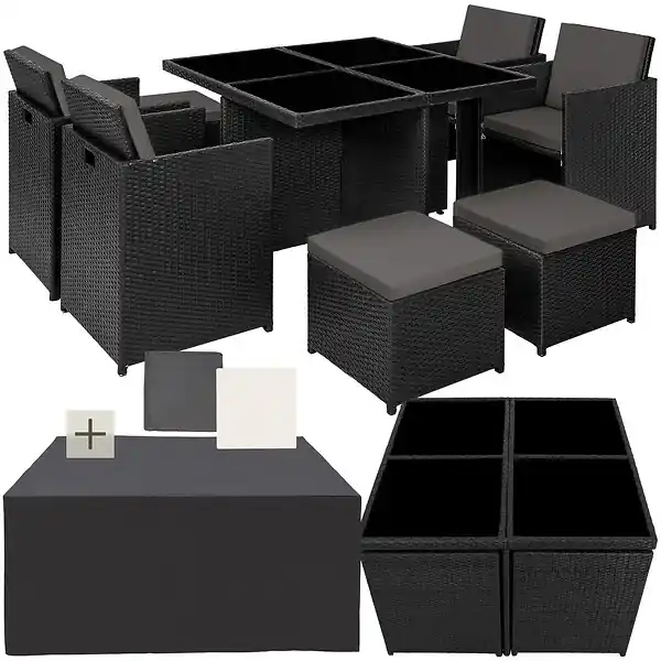 Salon de jardin MANHATTAN 8 places avec 2 sets de housses + housse de protection, variante 2 noir TECTAKE Solde