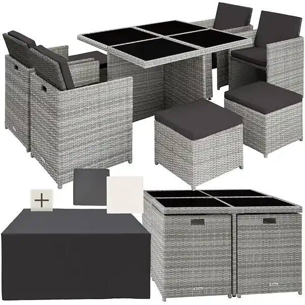 Salon de jardin MANHATTAN 8 places avec 2 sets de housses + housse de protection, variante 2 gris clair TECTAKE Pas Cher