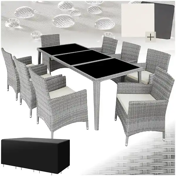 Salon de jardin Menorca 8 places avec 2 sets de housses + housse de protection gris clair TECTAKE Haute Qualité