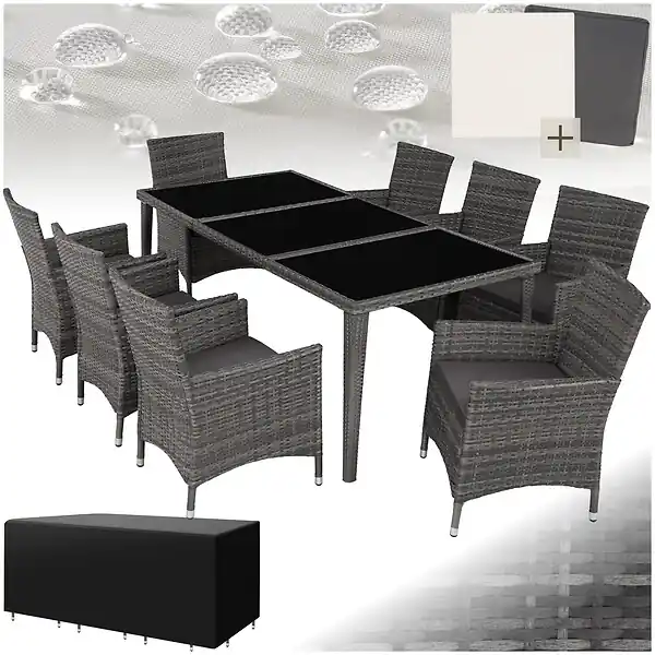 Vente Flash Salon de jardin Menorca 8 places avec 2 sets de housses + housse de protection gris TECTAKE