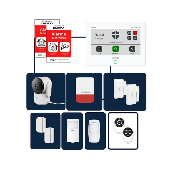 Expédition Rapide Daewoo - Alarme maison sans fil avec écran tactile 7‘‘ AM350 livrée avec 1 caméra et 9 accessoires - Sans abonnement - Application gratuite