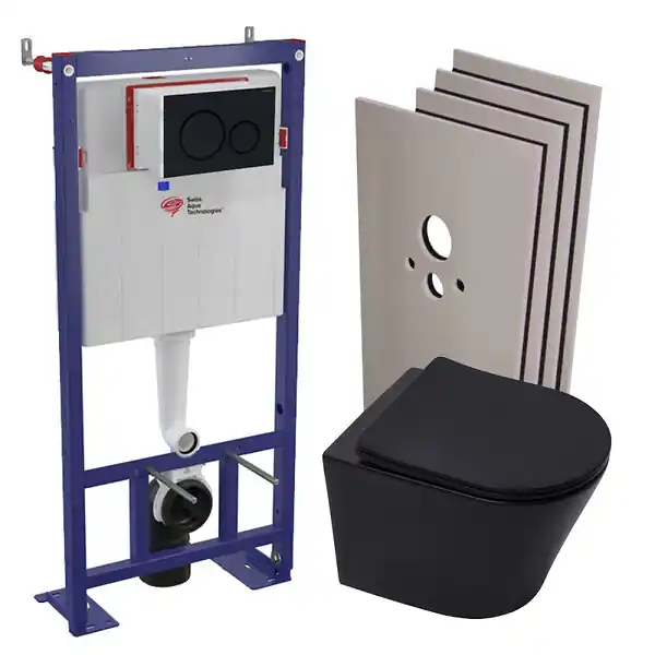 Swiss Aqua Technologies Pack WC bâti-autoportant + WC Infinitio noir mat + Abattant + Plaque + Set d‘habillage Commander Vite