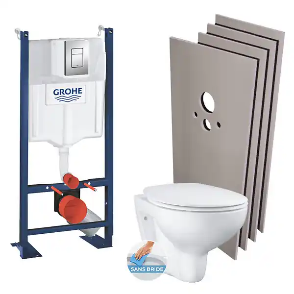 Bon Marché Grohe Pack WC bâti-autoportant + Cuvette Bau sans bride + Abattant softclose + Plaque chrome + Set d‘habillage (ProjectBau-1-sabo)