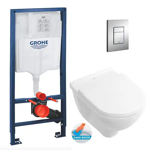 Dernier Modèle Grohe Pack WC Bâti-support + Cuvette à fond creux sans bride O.novo + abattant softclose + Plaque Chrome (RapidSL-O.Novorimless-1)