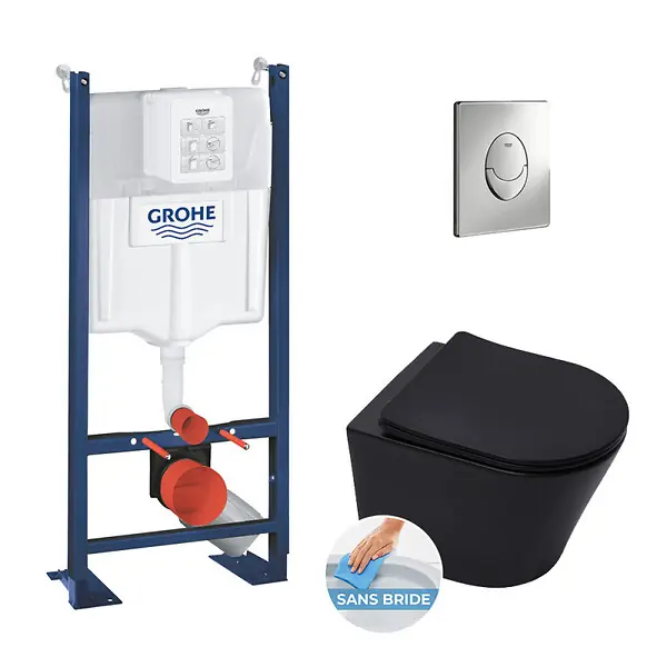 Grohe Pack WC Bâti-autoportant Rapid SL + WC sans bride SAT noir mat + Abattant softclose + Plaque chrome + Set d‘isolation phonique Bon Marché
