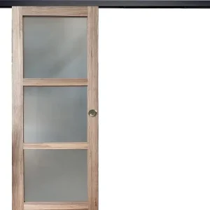 Porte Coulissante bois Frake Vitrée H204 x L83 cm, rail alu bandeau noir, coquilles GD MENUISERIES Promotion Saisonnière