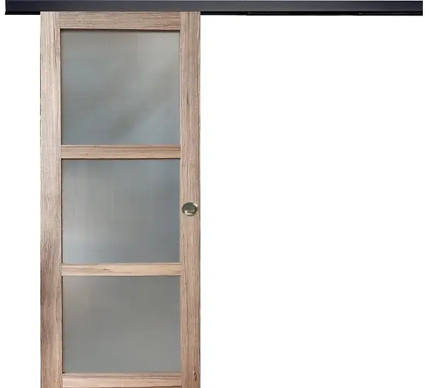 Porte Coulissante bois Frake Vitrée H204 x L83 cm, rail alu bandeau noir, coquilles GD MENUISERIES Promotion Saisonnière