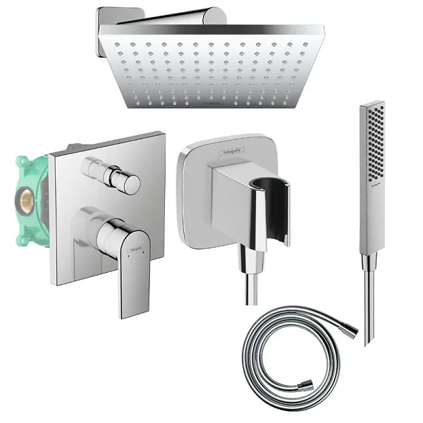 Colonne de douche encastrée mécanique Vernis Shape Douche de tête Vernis Shape Flexible Isiflex Douchette PulsifyE chromé HANSGROHE Vente Flash